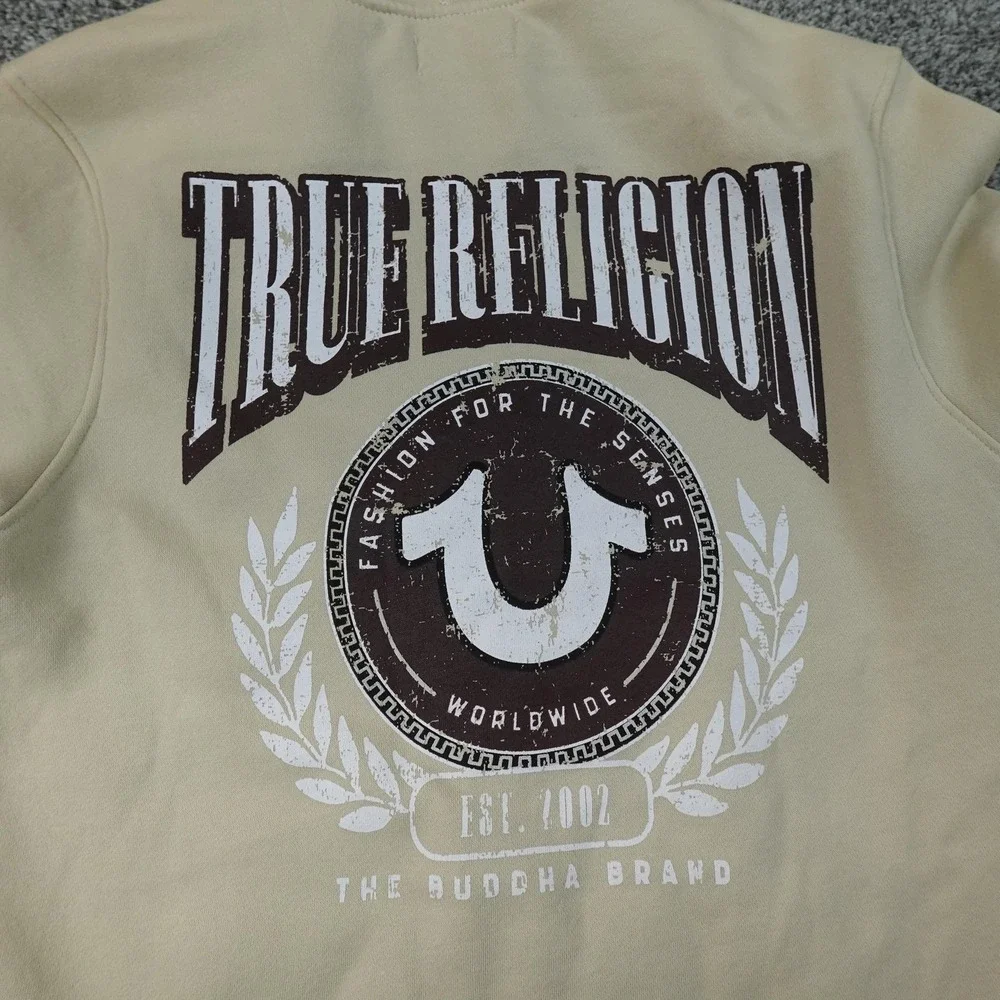 NEW True Religion Hoodie Mens S Beige Full Zip Fleece Sweatshirt Jacket Graphic